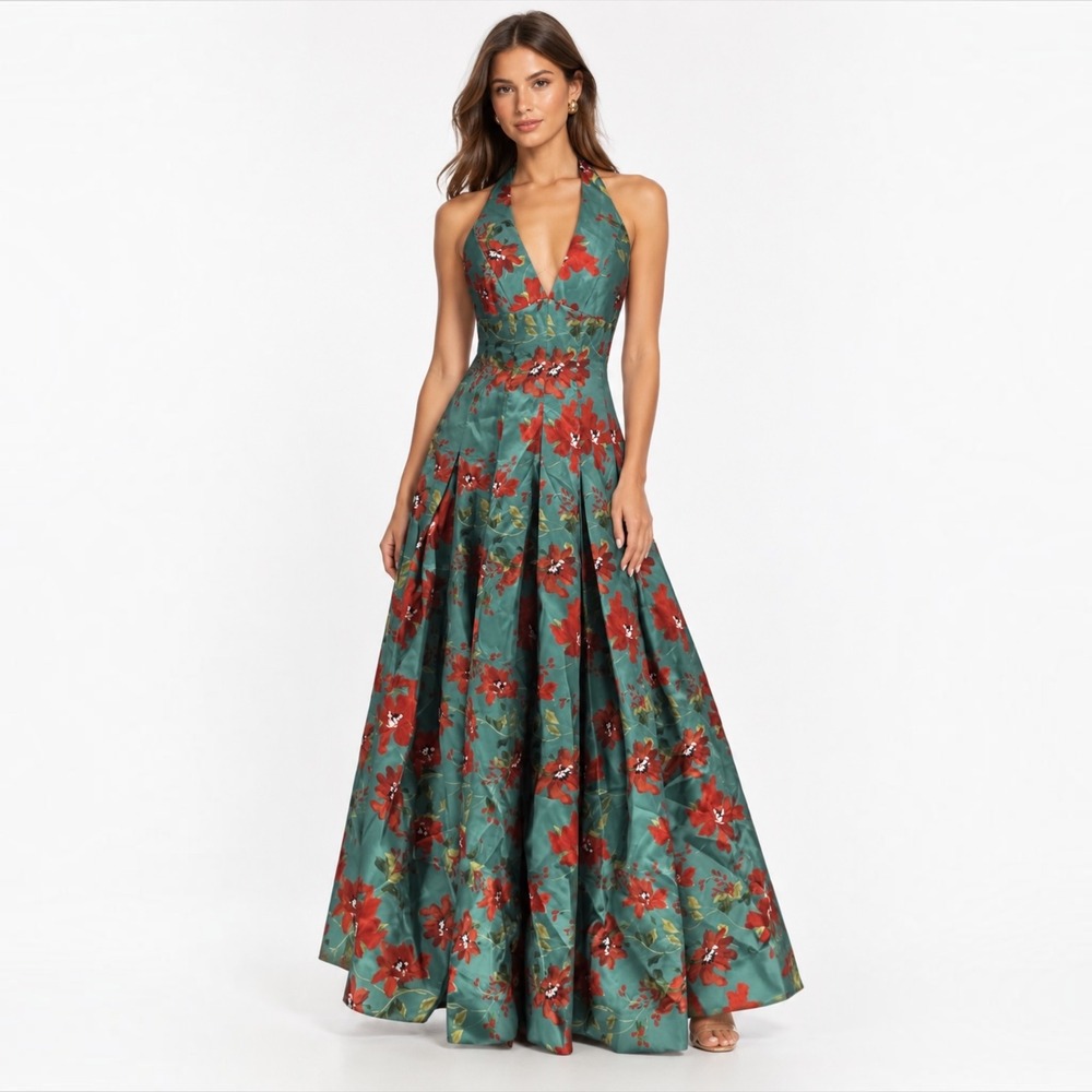 NEW HUTCH Azure Romantic Vining
Painted Floral Halter Maxi Gown Sz Small NWT